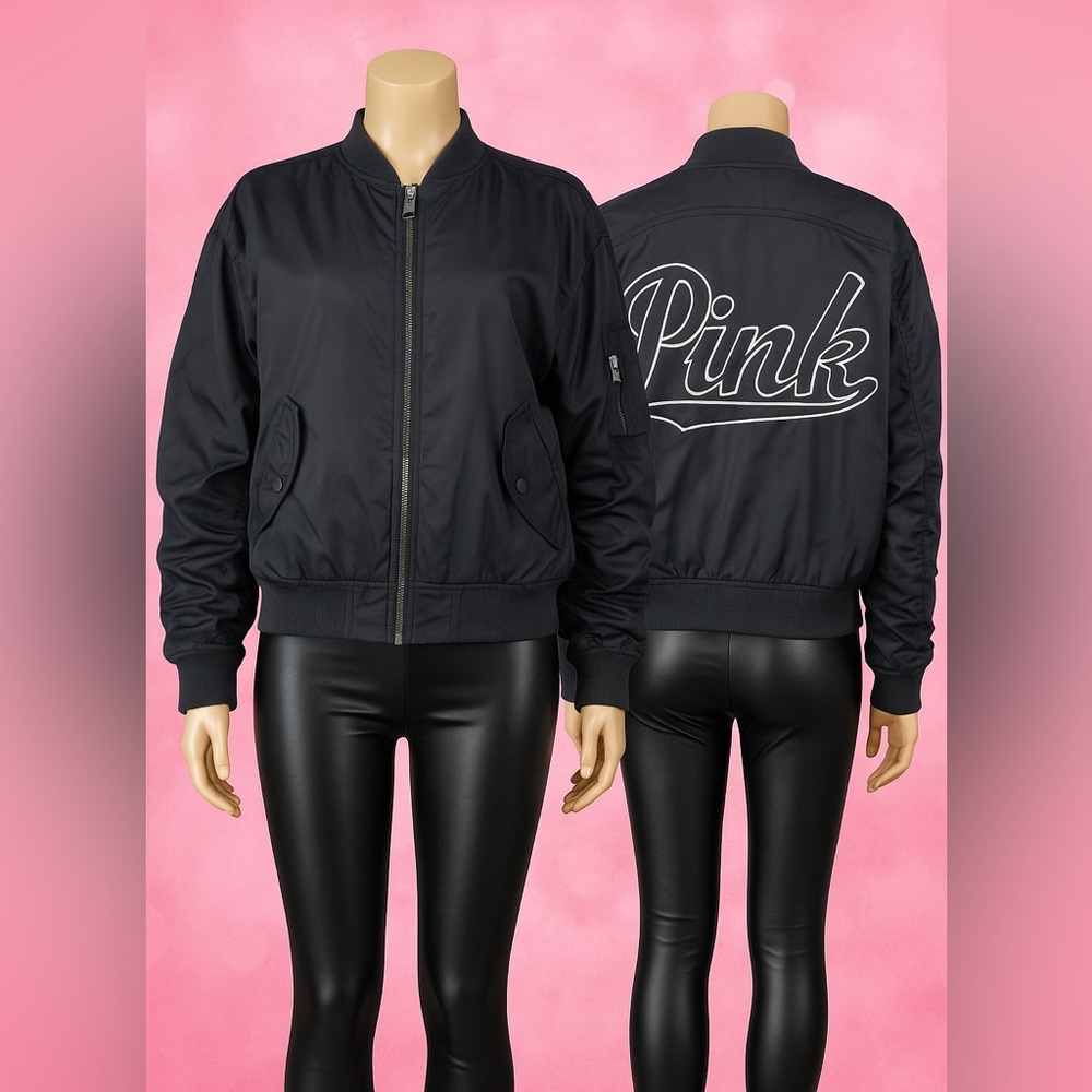 Y2K Victoria’s Secret PINK Oversized Black Bomber Jacket XS/S – Ruched Sleeves